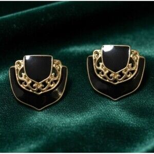 Vintage Black Enamel Gold tone Earrings Pierced 80s 90s